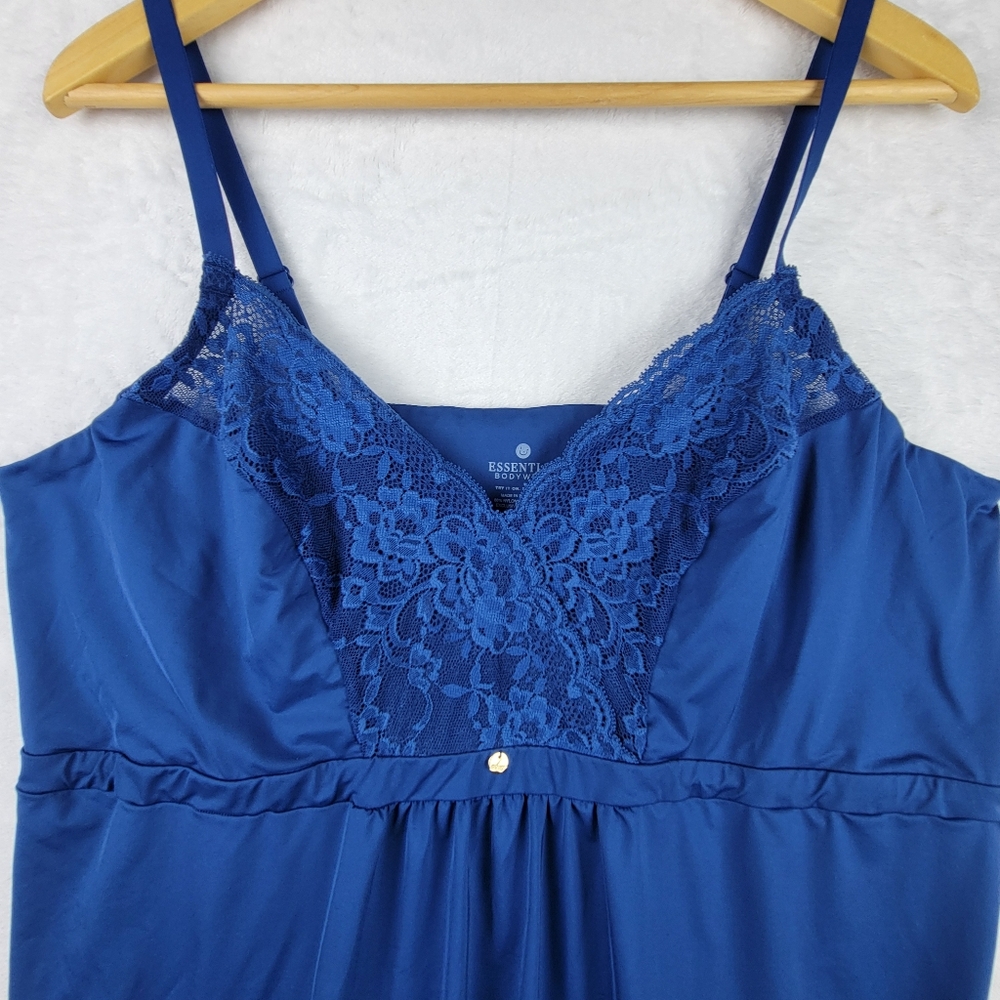 Essentials Bodywear Bodycon Slip Dress Sz 2X Blue Satin Lace Adjustable Strap - Picture 2 of 10